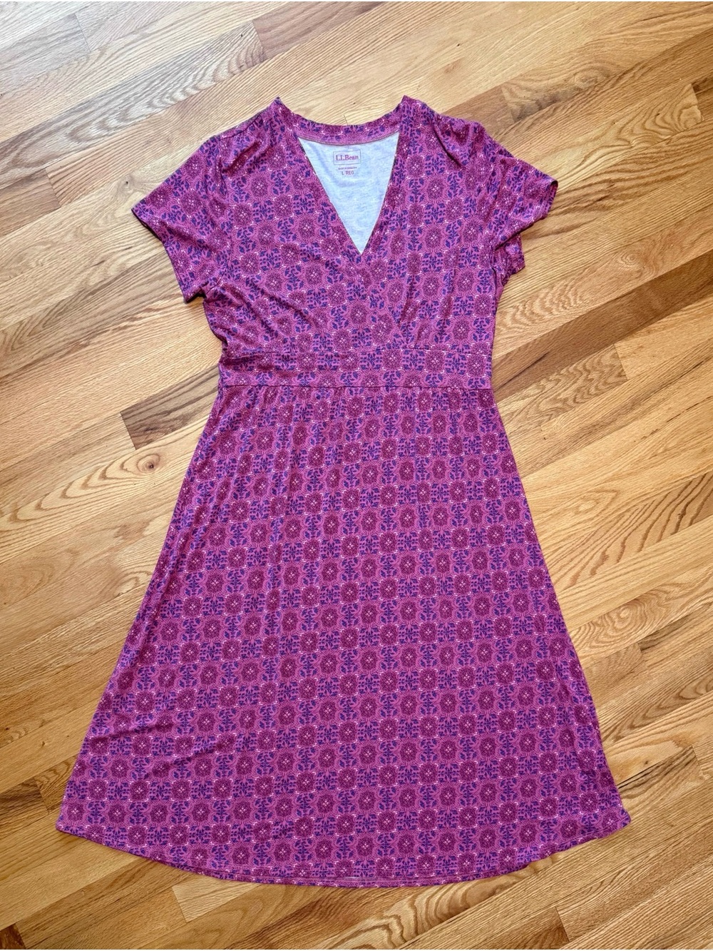 L.L. Bean | Pink Purple Geometric Faux Wrap Summer Knit Midi Dress | Large